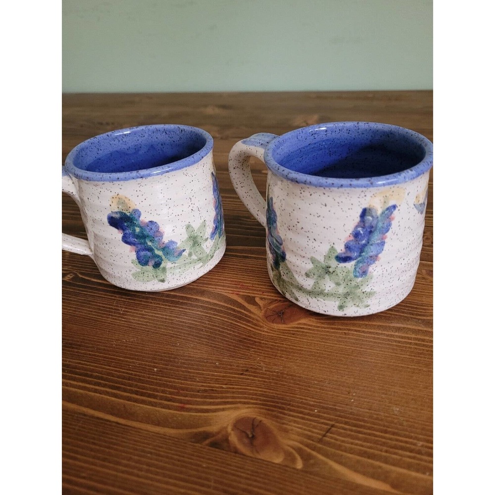 Studio Art Pottery Coffee Tea Cup Mugs blue floral signed